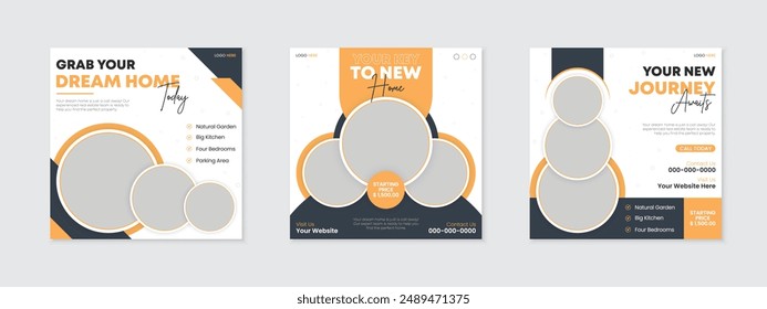 New modern creative house or home sale social media post bundle design for real estate agency business ad promotion marketing, editable vector design with place for photos, square web banner free set