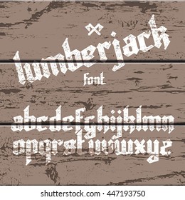 new modern custom gothic alphabet font. vector font set on old wood background