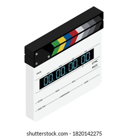 New modern film clapper board isolated on white background. Blank movie cinema clapper. Vector. Isometric view