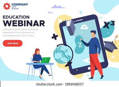 New modern flat webinar design-we can use for social media and digital marketing purpose-Isometric man teaching-girl learning -simple creative concept-blue-red-green