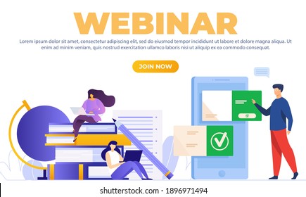 New Modern flat webinar design-we can use for social media and digital marketing purpose-Isometric character carton-simple creative concept-blue-green-red-laptop-book