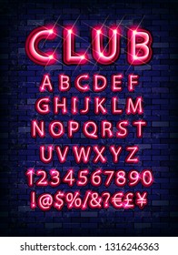New modern neon set glowing alphabet with numbers. Isolated luminescent font on brick wall background. Vector illustration