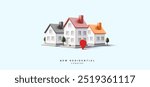 New modern residential complex. 3D realistic buildings of country houses. Houses for comfortable living. For the concepts of buying, selling, investing, renting. Vector