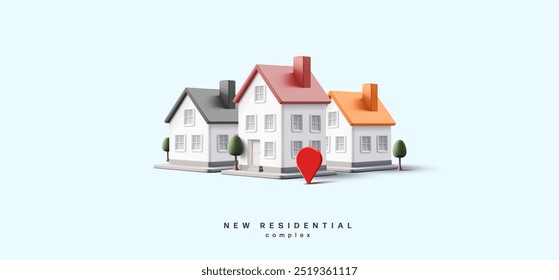 New modern residential complex. 3D realistic buildings of country houses. Houses for comfortable living. For the concepts of buying, selling, investing, renting. Vector