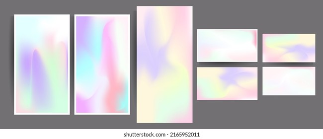 Nuevo conjunto moderno de posters holográficos. Malla gráfica, neón morado y rosado efecto de moda de los años 90. Colección de cobertura de holograma abstracto vectorial