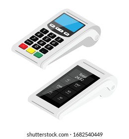 New modern smart pos terminal and POS terminal payment machine isolated on white background. Bank Payment Terminals. Processing NFC payment devices. Isometric view