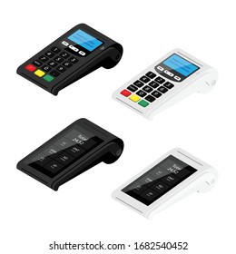 New modern smart pos terminals and POS terminal payment machines isolated on white background. Bank Payment Terminals. Processing NFC payment devices. Isometric view