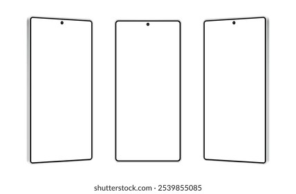 Nuevos Smartphones Modernos, Vista Frontal Y Lateral, Aislados Sobre Fondo Blanco. Ilustración vectorial