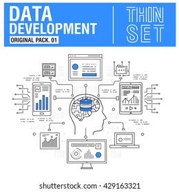 New modern thin line icons set development data analysis and metadata operations. Original Pack with linear pictogram collection include compositions of future for web design. Flat icon in slim style.