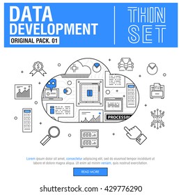 New modern thin line icons set development data analysis and metadata operations. Original Pack with linear pictogram collection include compositions of future for web design. Flat icon in slim style.