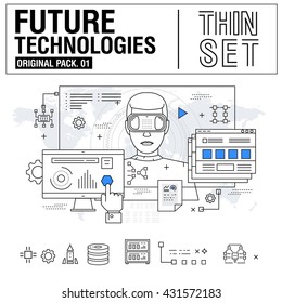 New modern thin line icons set technology of future and original future device. high quality Pack with linear vector pictogram collection. Really big stroke compositions. Flat icon in slim style.