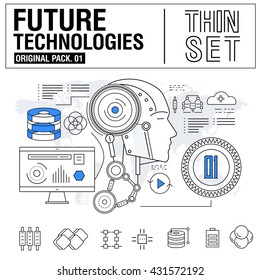 New modern thin line icons set technology of future and original future device. high quality Pack with linear vector pictogram collection. Really big stroke compositions. Flat icon in slim style.