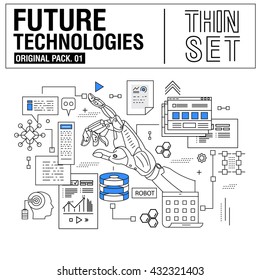 New modern thin line icons set technology of future and original future device. high quality Pack with linear vector pictogram collection. Really big stroke compositions. Flat icon in slim style.