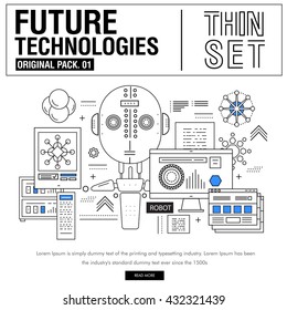 New modern thin line icons set technology of future and original future device. high quality Pack with linear vector pictogram collection. Really big stroke compositions. Flat icon in slim style.