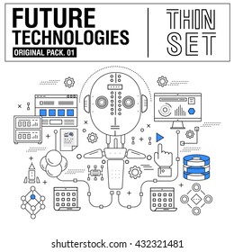 New modern thin line icons set technology of future and original future device. high quality Pack with linear vector pictogram collection. Really big stroke compositions. Flat icon in slim style.