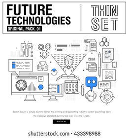 New modern thin line icons set technology of future and original future device. high quality Pack with linear vector pictogram collection. Really big stroke compositions. Flat icon in slim style.