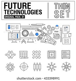 New modern thin line icons set technology of future and original future device. high quality Pack with linear vector pictogram collection. Really big stroke compositions. Flat icon in slim style.