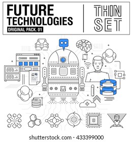 New modern thin line icons set technology of future and original future device. high quality Pack with linear vector pictogram collection. Really big stroke compositions. Flat icon in slim style.