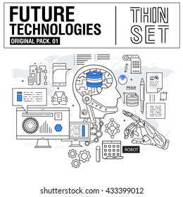 New modern thin line icons set technology of future and original future device. high quality Pack with linear vector pictogram collection. Really big stroke compositions. Flat icon in slim style.
