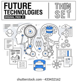 New modern thin line icons set technology of future and original future device. high quality Pack with linear vector pictogram collection. Really big stroke compositions. Flat icon in slim style.