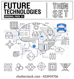 New modern thin line icons set technology of future and original future device. high quality Pack with linear vector pictogram collection. Really big stroke compositions. Flat icon in slim style.