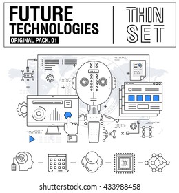 New modern thin line icons set technology of future and original future device. high quality Pack with linear vector pictogram collection. Really big stroke compositions. Flat icon in slim style.