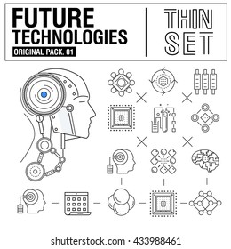 New modern thin line icons set technology of future and original future device. high quality Pack with linear vector pictogram collection. Really big stroke compositions. Flat icon in slim style.