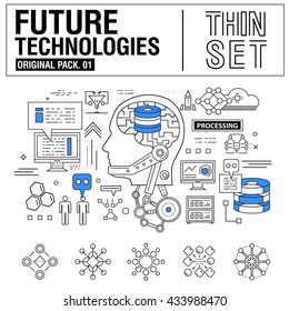 New modern thin line icons set technology of future and original future device. high quality Pack with linear vector pictogram collection. Really big stroke compositions. Flat icon in slim style.