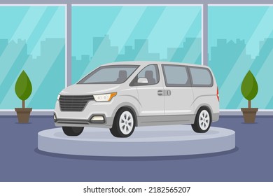 New Modern Van Car On Platform. Interior View Of Car Showroom. Flat Vector Illustration Template.