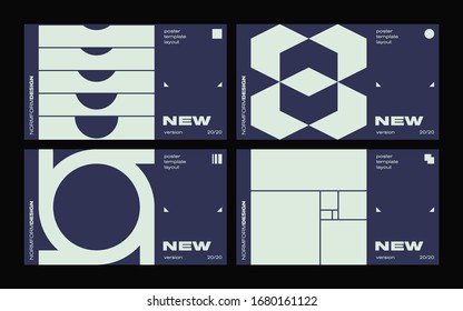 New modernism aesthetics in vector poster design cards. Brutalism inspired graphics in web template layouts made with abstract geometric shapes, useful for poster art, website headers, digital prints.