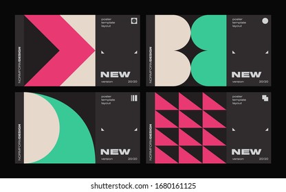 New modernism aesthetics in vector poster design cards. Brutalism inspired graphics in web template layouts made with abstract geometric shapes, useful for poster art, website headers, digital prints.