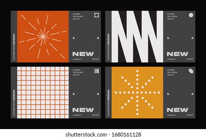 New modernism aesthetics in vector poster design cards. Brutalism inspired graphics in web template layouts made with abstract geometric shapes, useful for poster art, website headers, digital prints.