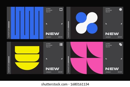 New modernism aesthetics in vector poster design cards. Brutalism inspired graphics in web template layouts made with abstract geometric shapes, useful for poster art, website headers, digital prints.