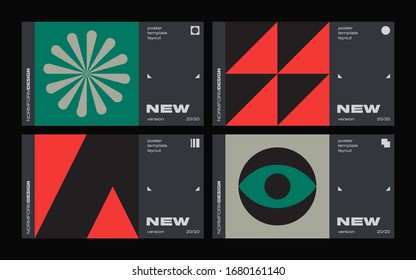 New modernism aesthetics in vector poster design cards. Brutalism inspired graphics in web template layouts made with abstract geometric shapes, useful for poster art, website headers, digital prints.