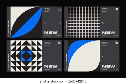 New modernism aesthetics in vector poster design cards. Brutalism inspired graphics in web template layouts made with abstract geometric shapes, useful for poster art, website headers, digital prints.