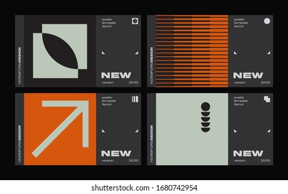 New modernism aesthetics in vector poster design cards. Brutalism inspired graphics in web template layouts made with abstract geometric shapes, useful for poster art, website headers, digital prints.