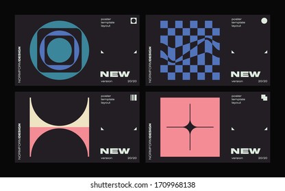 New modernism aesthetics in vector poster design cards. Brutalism inspired graphics in web template layouts made with abstract geometric shapes, useful for poster art, website headers, digital prints.