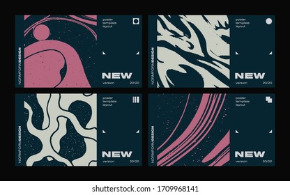 New modernism aesthetics in vector poster design cards. Brutalism inspired graphics in web template layouts made with abstract geometric shapes, useful for poster art, website headers, digital prints.