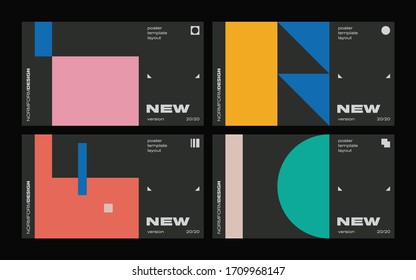 New modernism aesthetics in vector poster design cards. Brutalism inspired graphics in web template layouts made with abstract geometric shapes, useful for poster art, website headers, digital prints.