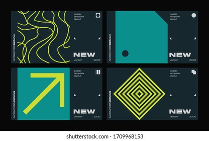 New modernism aesthetics in vector poster design cards. Brutalism inspired graphics in web template layouts made with abstract geometric shapes, useful for poster art, website headers, digital prints.