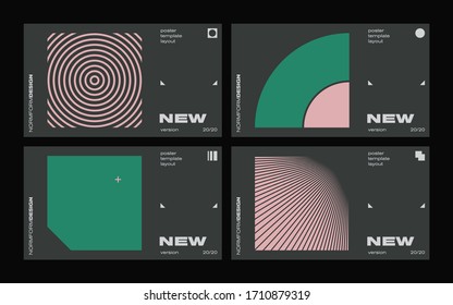 New modernism aesthetics in vector poster design cards. Brutalism inspired graphics in web template layouts made with abstract geometric shapes, useful for poster art, website headers, digital prints.