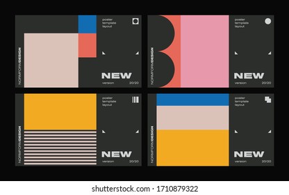 New modernism aesthetics in vector poster design cards. Brutalism inspired graphics in web template layouts made with abstract geometric shapes, useful for poster art, website headers, digital prints.