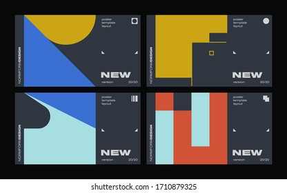 New modernism aesthetics in vector poster design cards. Brutalism inspired graphics in web template layouts made with abstract geometric shapes, useful for poster art, website headers, digital prints.