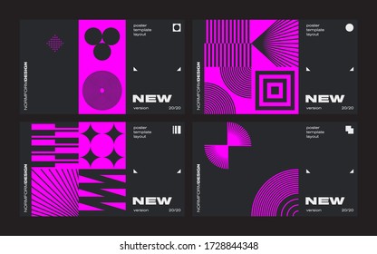 New modernism aesthetics in vector poster design cards. Brutalism inspired graphics in web template layouts made with abstract geometric shapes, useful for poster art, website headers, digital prints.