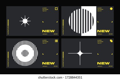 New modernism aesthetics in vector poster design cards. Brutalism inspired graphics in web template layouts made with abstract geometric shapes, useful for poster art, website headers, digital prints.