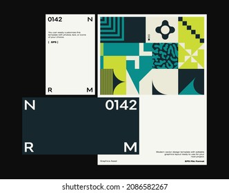 New modernism aesthetics in vector poster design cards. Brutalism inspired graphics in web template layouts made with abstract geometric shapes, useful for poster art, website headers, digital prints.