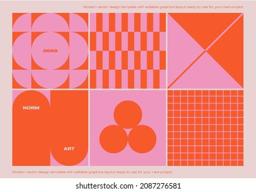 New modernism aesthetics in vector poster design cards. Brutalism inspired graphics in web template layouts made with abstract geometric shapes, useful for poster art, website headers, digital prints.