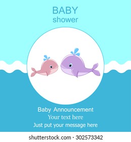 New mom and baby card design Baby shower invitation template Baby arrival, new baby announcement Baby whale and mom with a water splash on blue waves sea and sky background Baby shower card template