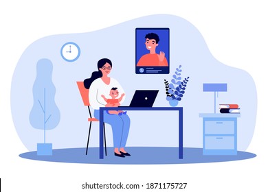 New mom and baby talking to dad through video call. Laptop, online chat, conference flat vector illustration. Online communication, parenthood concept for banner, website design or landing web page