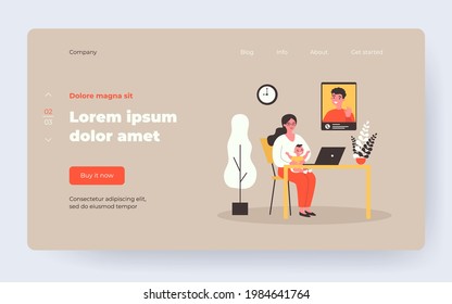 New mom and baby talking to dad through video call. Laptop, online chat, conference flat vector illustration. Online communication, parenthood concept for banner, website design or landing web page